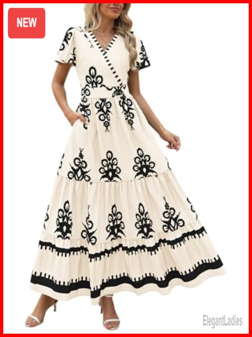 Womens Floral Boho Maxi Dress V-Neck Flutter Sleeve Tiered Summer